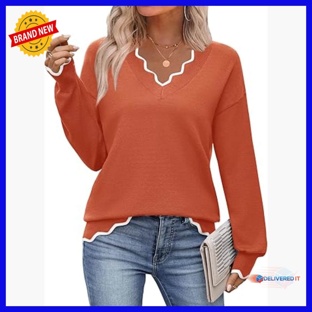 V-Neck Ribbed Pullover Sweater Loose Fit Lightweight Knit Long Sleeve Top